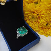 Emerald-Cut Green Gemstone Ring with Moissanite Accents in 925 Sterling Silver